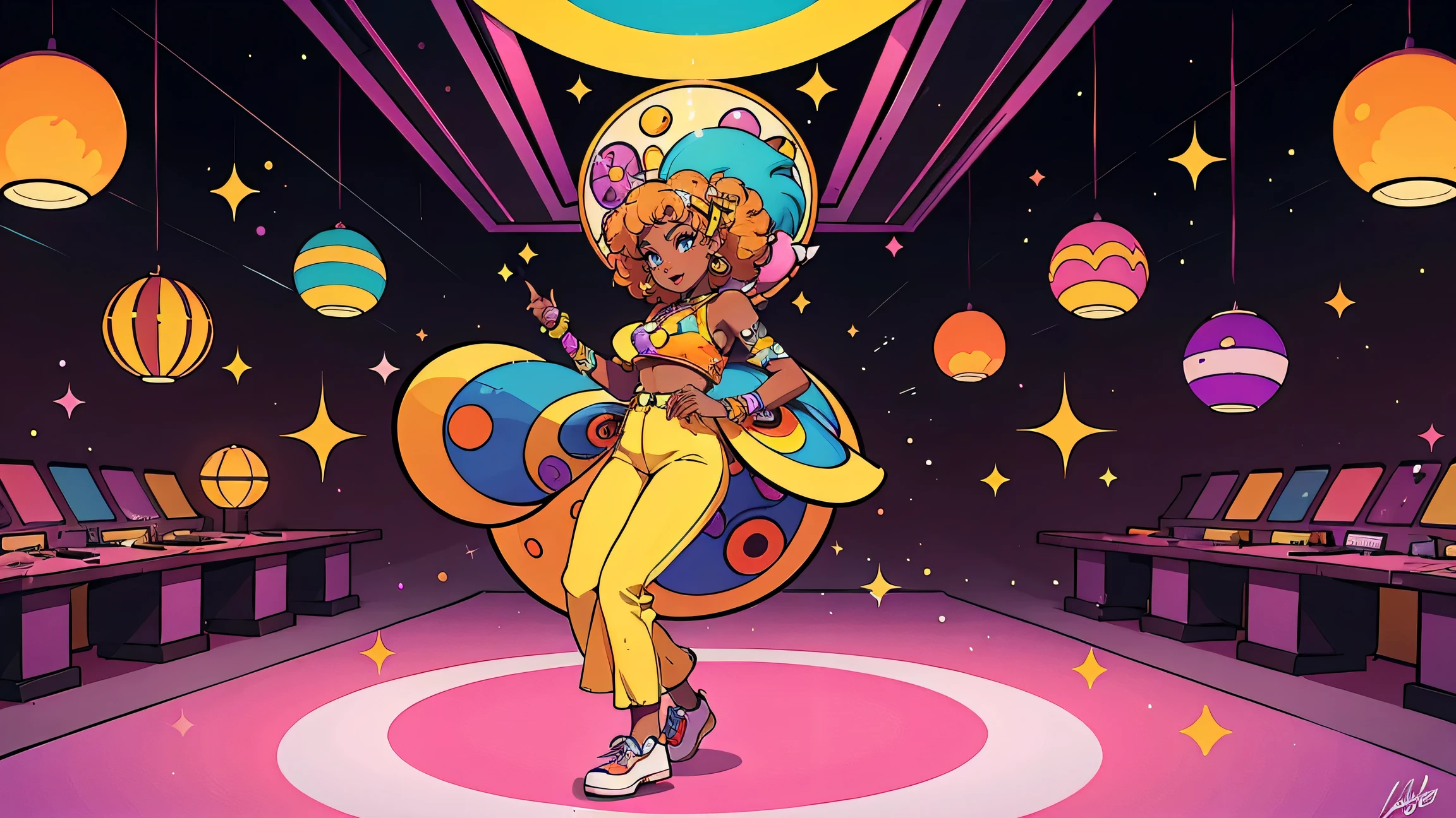 Funky illustration (60s Soul Disco), deep purple and orange gradation ,Geometric patterns (circles, triangles, wavy lines, etc.),Shiny materials (vinyl, satin, etc.),men and women dancing, Flashy clothing (bell bottoms, platform shoes, Afro hair, etc.),Cheerful and energetic look, big mirror ball, colorful lighting smoke, musical notes and records, funky and soulful, energetic and fun,60's vibe, Bright, vibrant colors (orange, yellow, green, purple, etc.),black and white contrast, shiny material, Soft materials like velor or satin, Large titles (e.g. "Soul Disco Party"),artist's signature