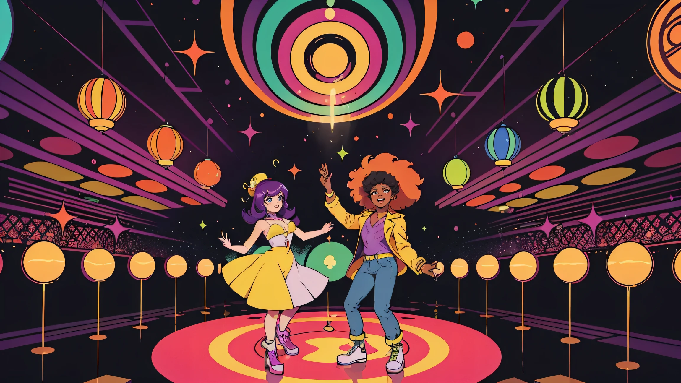 Funky illustration (60s Soul Disco), deep purple and orange gradation ,Geometric patterns (circles, triangles, wavy lines, etc.),Shiny materials (vinyl, satin, etc.),men and women dancing, Flashy clothing (bell bottoms, platform shoes, Afro hair, etc.),Cheerful and energetic look, big mirror ball, colorful lighting smoke, musical notes and records, funky and soulful, energetic and fun,60's vibe, Bright, vibrant colors (orange, yellow, green, purple, etc.),black and white contrast, shiny material, Soft materials like velor or satin, Large titles (e.g. "Soul Disco Party"),artist's signature