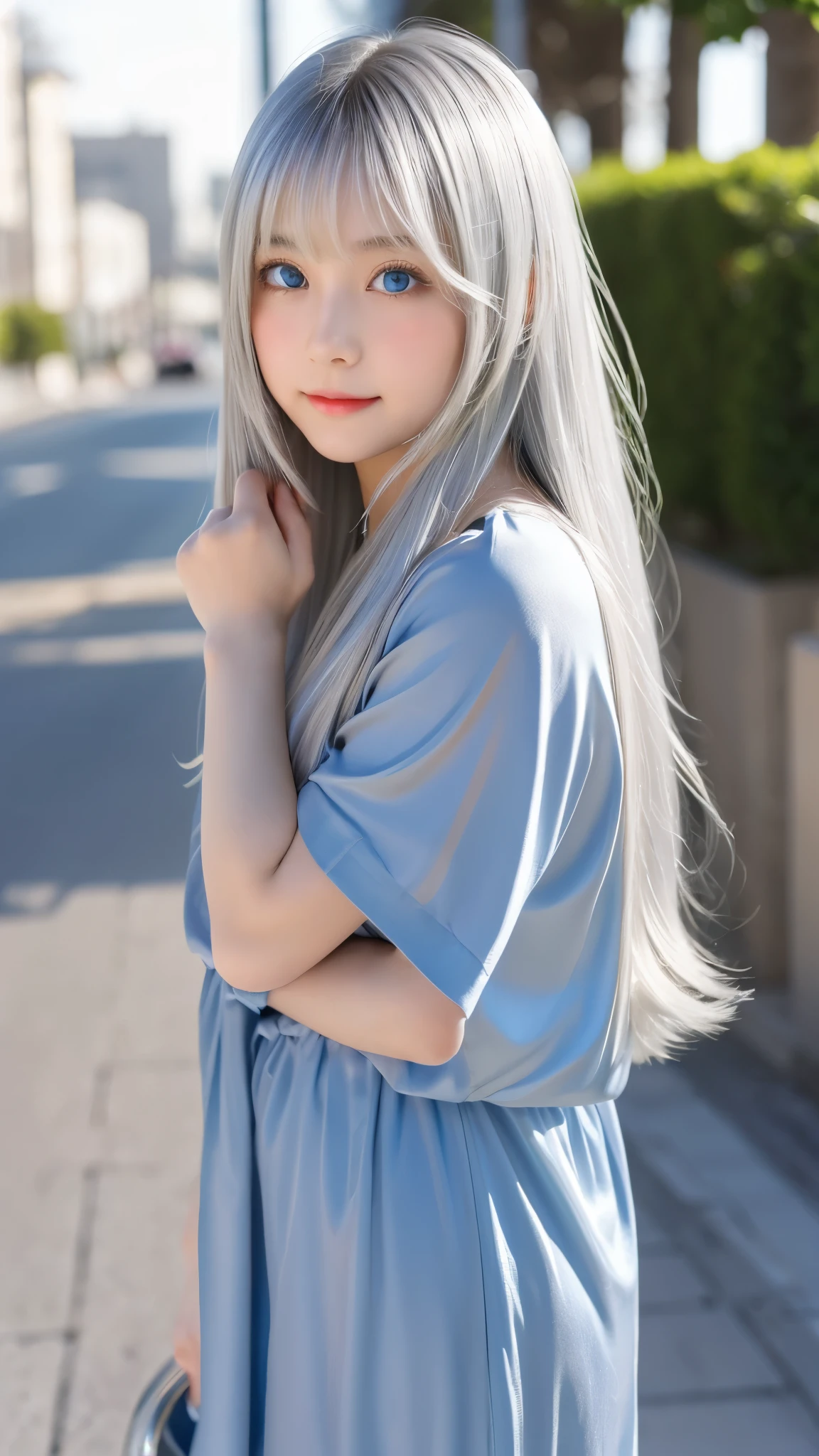 Shining, clear, white skin、Her windblown silver hair hides her beautiful face.、huge、28 years old cute sexy little beautiful face、Beautiful straight hair that stands out、growing up, Sparkling light blue eyes、long silky bangs that cover cute eyes, Sexy and cute young woman with super long hair hiding her sexy face、shining silver hair