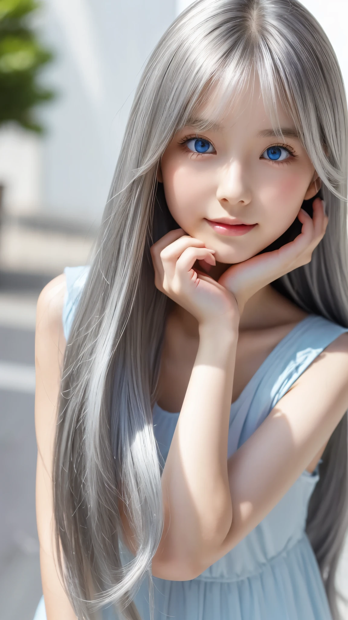 Shining, clear, white skin、Her windblown silver hair hides her beautiful face.、huge、28 years old cute sexy little beautiful face、Beautiful straight hair that stands out、growing up, Sparkling light blue eyes、long silky bangs that cover cute eyes, Sexy and cute young woman with super long hair hiding her sexy face、shining silver hair
