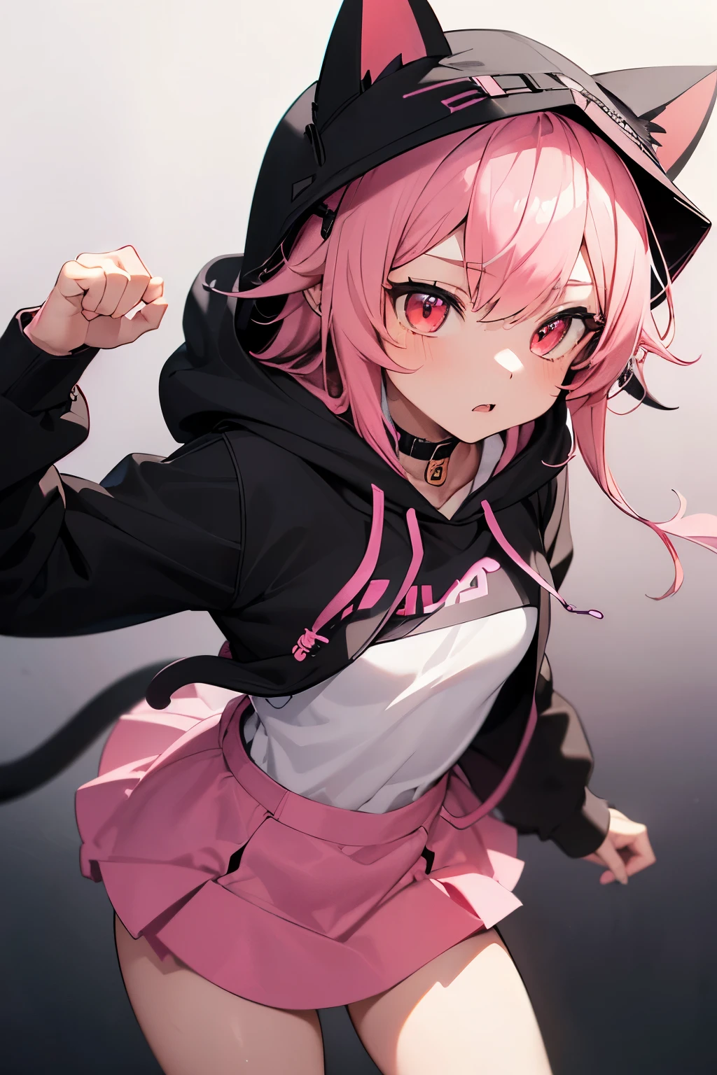 1 girl, , 超High resolution, retina, masterpiece, Accurate, Anatomically correct, Rough skin, Very detailed, Advanced Details, high quality, Awards, 最high quality, High resolution, High resolution, 4K,(anime,8k,masterpiece, 最high quality, 最high quality,beautifully、aesthetic:1.2,Professional Illustration:1.1,Very detailed:1.3,Perfect lighting),Very detailed,Most detailed,High resolution,Cute pose,from front,(Pink Hair:1.5),long hair,(From above見下ろす:1.5), (Cat ear hoodie:1.5),(Wearing a hood:1.9),(Black hoodie:1.9),Blank look,(red pink eyes:1.5),Round eyes,(White Skirt:1.5),upturned eyes,(background imageまるで夢のようだ, Blurred, at night, (neon gradient:1.5)),(background image,A gothic and tech-inspired design of a futuristic city on a neon background),,(dress shirt:1.5),Black hoodie,(Hoodie with cat ear hood:1.5),(Open clothes:1.5),Focus on the face,Cowboy Shot,From above