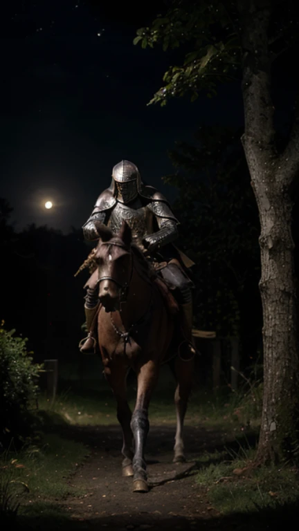 Fforest aat night, moonlight, Male medieval knight (ring mail), poor, ragged clothing, wet clothes (shield), owl flying