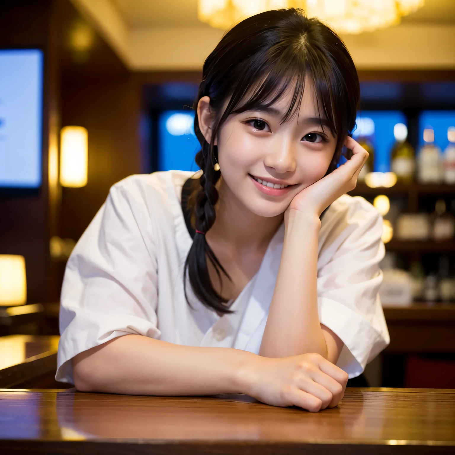 1girl, -yeld, thost famous Japanese idol, in hotel bar, Best-quality, Masterpiece, Ultra-High-Resolution, (Photorealistic:1.4), Raw-Photo, (extremely cute face like the most popular Japanese idol, ((extremely beautiful big-black-eyes)), extremely beautiful black-short-cut-haired), extremely beautiful skins, extremely beautiful lips, looking at viewer, innocent-smile, detailed hotel-bar