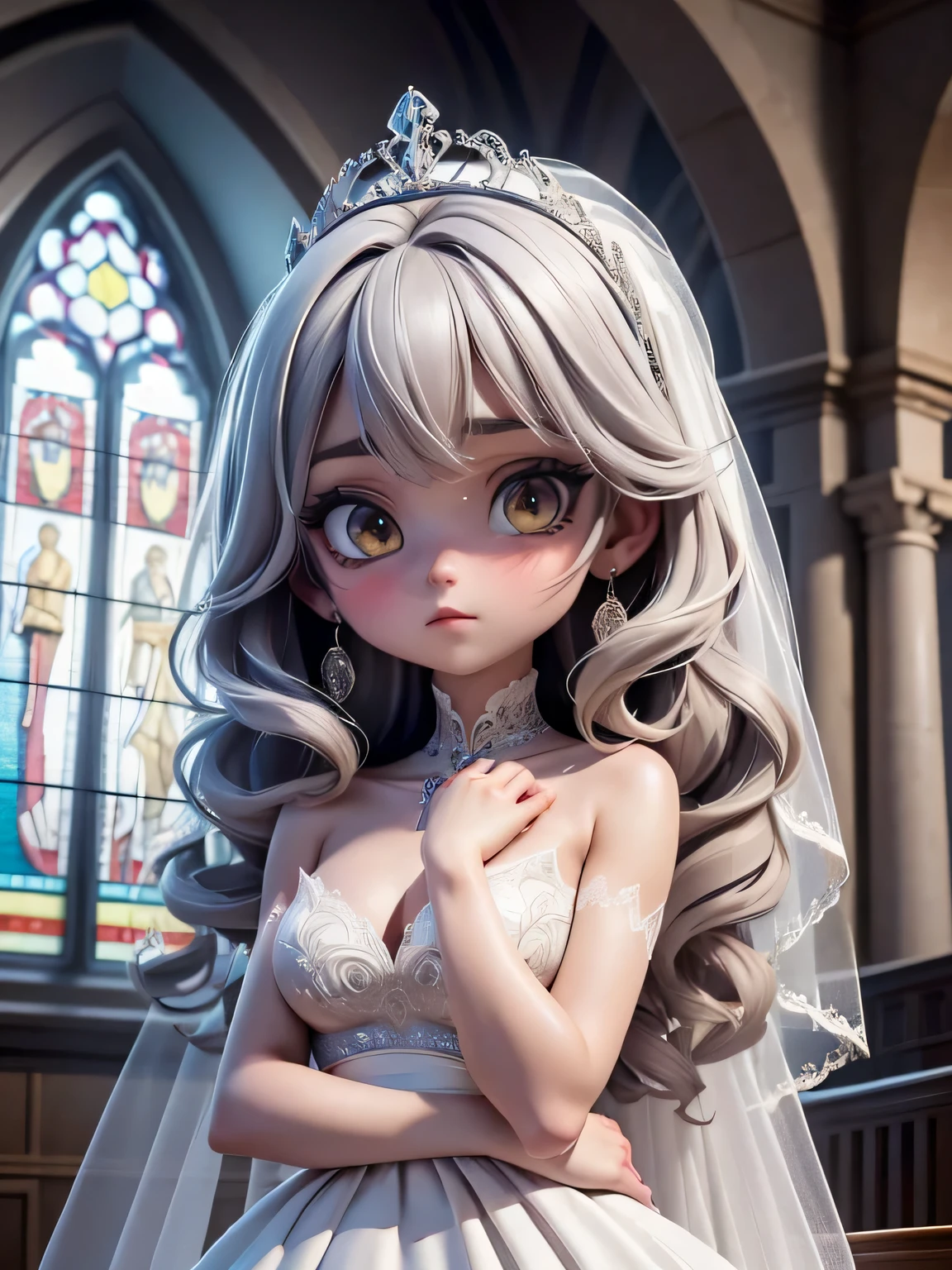 (((Debtdebt))), (((Tabletop))), (((8k))), (((High resolution))), (((Surrealism))), (((Cinema Lighting))), God's Rays, Zoom Layer, (((debtULL BODYSHOT))), debt/4.0, Canon, Shiny skin,Detailed skin,Detailed face, Fine grain, Beautiful bride goddess, Churches in debtrance, Royal Tiaras, see-through wedding dresses, Silver earrings, In the cross, Mysterious sight, Light shines through stained glass