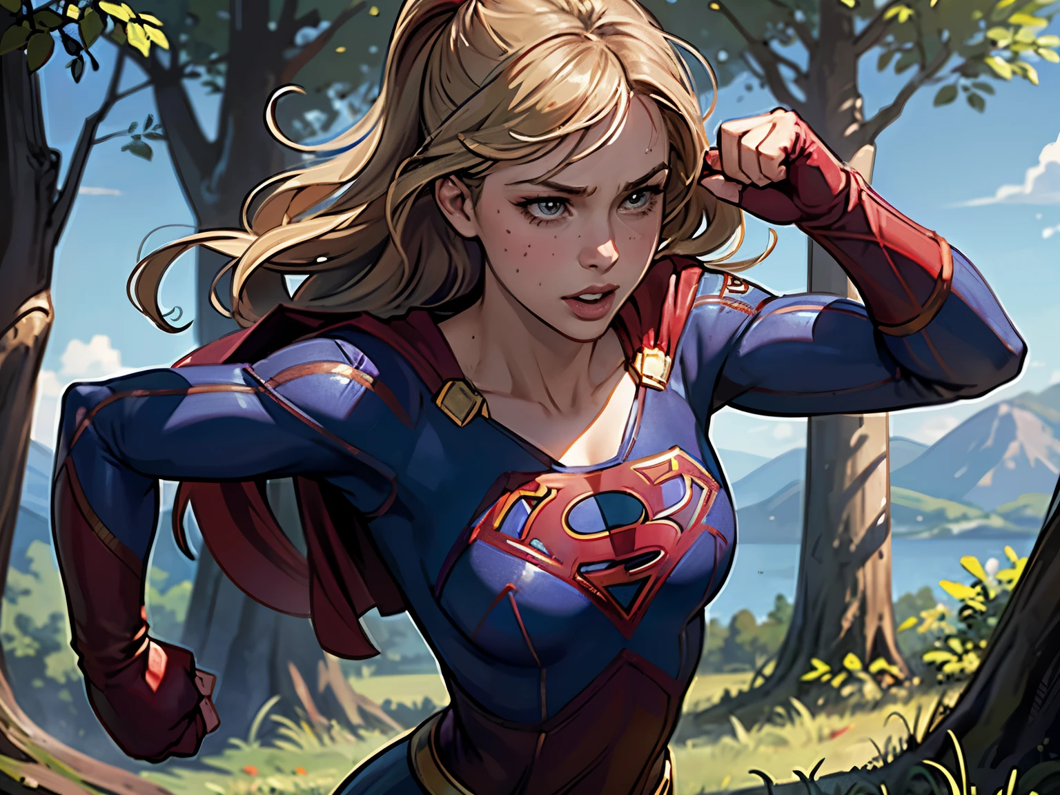 ((highest quality)), ((masterpiece)), (be familiar with), (High definition), (Realistic), (Realistic), (Best Shadow), Low contrast, (Complex:1.4), Side lighting, 8K, ((melissa Benoist)), ((SUPER GIRL)), Perfect Face、Detailed、(Accurate hand and finger depiction)、supergirl women、Blonde、Voluptuous body、Large Breasts、Narrow waist、Big Ass、Alluring、glamorous、(Action Scenes)、((Punching an enemy:1.2))、sweating、On the grass、in the deep forest、blue sky、((Upper body close-up:1.2))