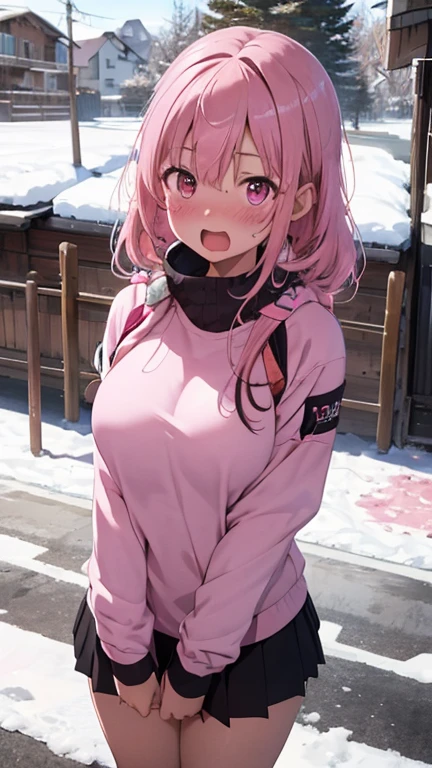 mastute piece,Best Quality,insanely detailed,8k cg,
shoot upper body,
1woman,18age,standing,body in front,looking at viewer,(pink snow-board-wear),break,
blush,shy,(trembling:1.2),pink hair,break,open mouth,large breast,ski-resart,ski-slope,snow,