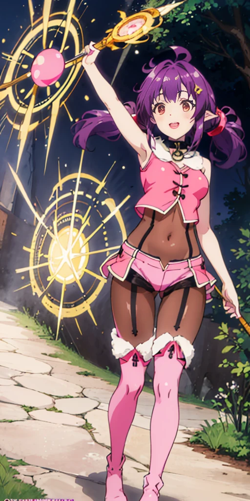 (short:1.4), (sherry:1.6), a woman in a sparse grassy forest, (dynamic pose:1.4), official anime artwork, official artwork, anime moe artstyle, dreamy psychedelic anime, anime wallpaper, anime visual of a cute girl, official art, fanart, masterpiece, best quality, high resolution, 8K, 4K, looking at viewer, large breasts, ass, smile edgYSD, collar, (dark brown leggings:1.5), (dark brown tights bodysuit:1.6), (purple hair:1.4), multiple aHoge, (dark red-gold eyes:1.2), gold eye accent, (hair_ornament:1.4), twin-tails, hair_tie, 1 girl, young female, beautiful finger, beautiful very long legs, beautiful body, beautiful nose, beautiful character design, perfect eyes, perfect face, expressive eyes, perfect lighting, shiny skin, nsfw, flushed skin, blushing face, lewd smile, slightly open mouth, gravure, pinup, very long legs, long thin pointy ears, (all visible leg skin covered by tights:1.2), (all visible stomach skin covered by tights bodysuit:1.4), (all visible hips skin covered by tights bodysuit:1.4), arms completely visible, (arms showing skin:1.2), japanese skin, (solid colors:1.4), lidded eyes, dark red-gold eyes, (pink short shorts:1.6), (pink sleeveless buttoned top:1.8), (pink outfit:1.2), (white trim:1.8), (white lapel:1.4), (thigh-high pink boots with white lapel:1.9), (black belt:1.2), (black garter-belts:1.8), (black garter-belts connecting boots to shorts:1.4), (boots pulled up by bootstraps:1.4), (bright sunny day in the grassy forest:1.4), flowers, almost clear skies, sunny, trees, forest plants, pebbles, field, top of pink boots are long white folded fabric with the bootstrap connected to the white part of the boots going above them, casting magic, (staff with pink orb:1.2), magic circle in the air, fire magic, fireball, magic circle, summoning circle, magic, spell, spell craft, casting magic, fantasy