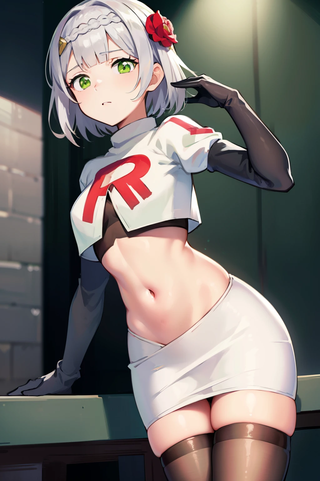 genshinnoelle, noelle, braid, flower, hair flower, hair ornament, short hair, silver hair, (green eyes:1.5),team rocket,team rocket uniform,white skirt,red letter R,crop top,black thigh-highs,black elbow gloves 