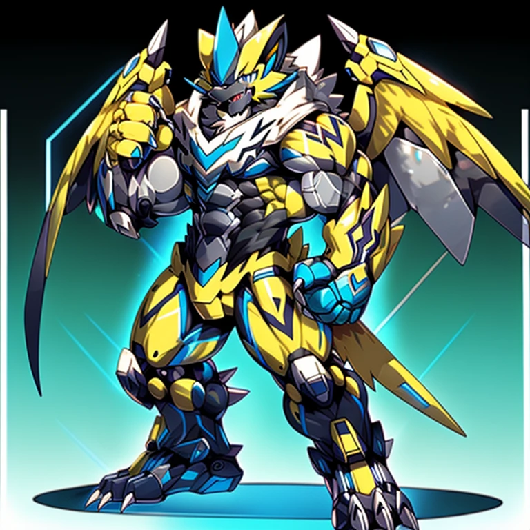 (Pokémon) Zeraora's giant robot.
Gigantic ZERAORA,
GIANT.
Protecting Zeraora's design and color scheme.
wears a black cloak on his back.
whole body shines like metal.
Wearing cyberpunk mecha, emphasizes the muscles.
He wears the same armor as himself from head to foot. (emphasizes the muscles.)
suit fully made of metal,
intricate armor, Robotic suit, suit fully made of metal, cyborg,
big muscle.
pecs, triceps,
body full of huge muscles.
unusually developed muscular body,
A Zeraora at the bodybuilding competition,
massive,
huge muscular bodybuilder with extraordinary biceps, pecs, triceps, traps, gigachad, 300 lbs.
The claws are sharp, Sharp teeth,
with huge golden laser sword,
metallic eagle shaped wings,
BLACK armor.