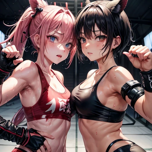 Covered in blood、Two beautiful female fighters covered in scars and in bad shape。Fight in the Octagon。One is overwhelming the other with punches。Close one eye、Mouth open and tears flowing。Out of stamina。painful。Facial swelling。Bruised body。I'm soaked in sweat。A ripped and tattered tank top and leggings、Open Finger Gloves。erect pink nipples。Short black hair。