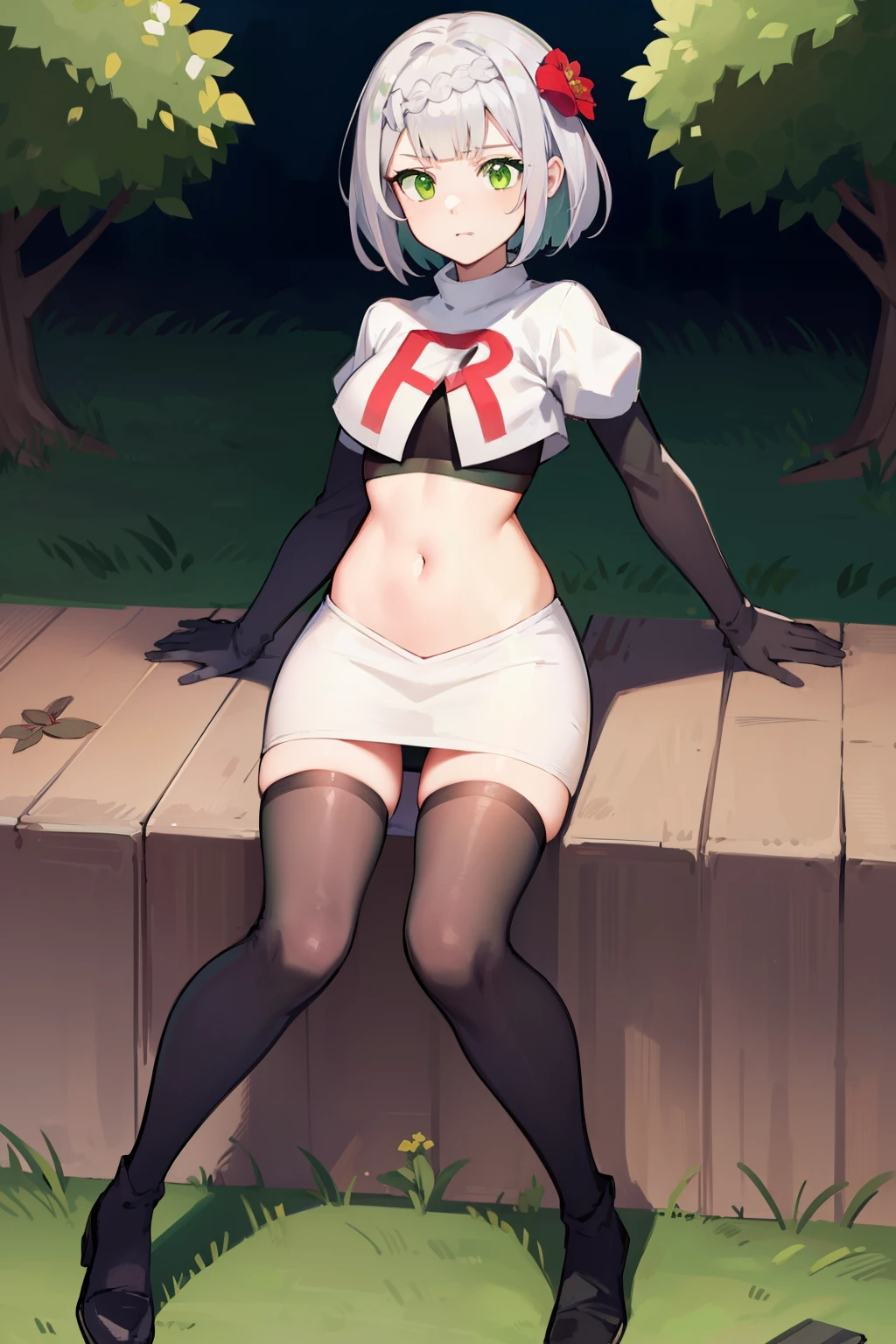 (masterpiece,best quality, detailed), 1girl, solo, outdoors, forest, from below, squatting, closed mouth, blush, nose blush, embarrassed, arms behind head,
bea \(pokemon\), bow hairband, black bodysuit, single glove, knee pads, barefoot, collarbone, spread legs, legs wide open, camel toe, view from below, wide hips, big butt, medium breasts