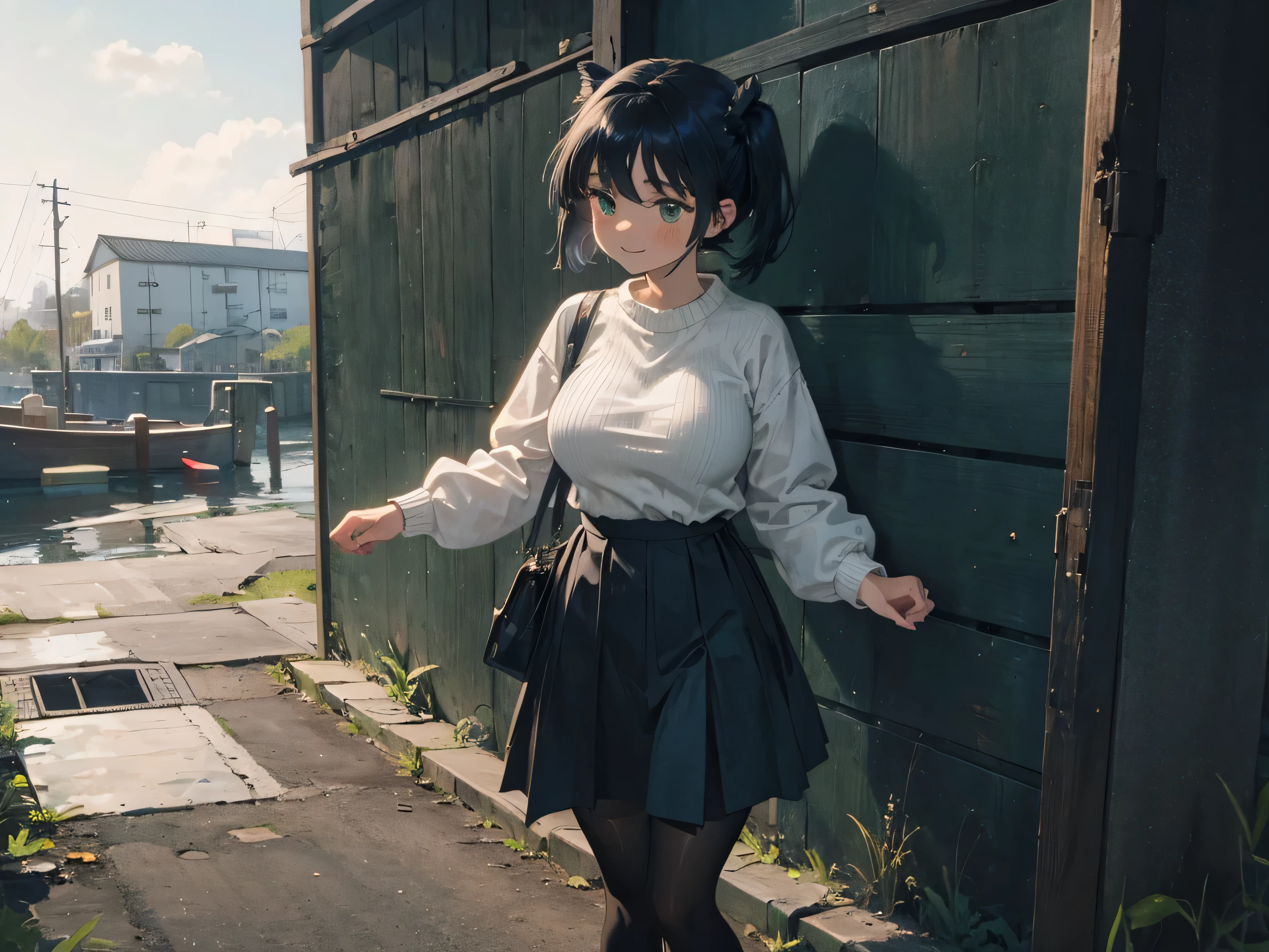 {best quality}, {very aesthetic}, {ultra-detailed}, {best illustration}, 1girl, darkblue hair,(twin tail),huge breasts,,tights,,dark green eyes,short hair,tareme,big eyes,smile,looking back,Pull out,dock,White sweater,hmm,Pa hmm st,Pahmmpus,Meeting,Leaning against a wall,Black Skirt,huge breasts,full body,hanging a bag from her shoulder,