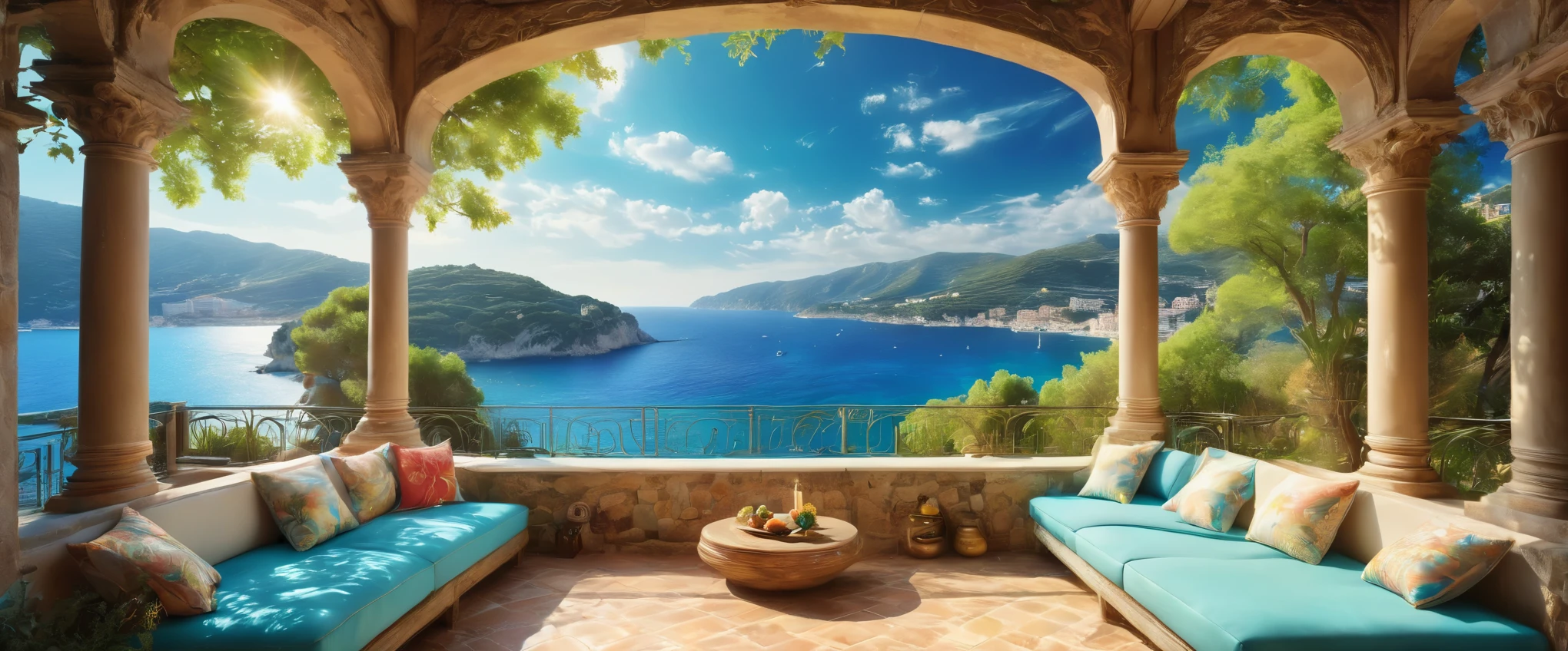 Cote d&#39;Azur:South of France:A coastline known as a scenic resort,Resort scenery,holiday,美しい風景photograph,Fantasy,Dreamy,Beautiful sea,高品質でwonderful家具:Designer furniture,A beautiful sky spreads out,dream-like,summer,cloud,Sky blue,Marine blue,wonderful景色が広がる,Luxury Resorts,Extravagant space,Soft mouth cap,Surrounded by abundant nature,Highestの時間をあなたに,Highest品質,photograph,Structurally correct,Perfect composition,広告用に撮影されたphotograph,Beautiful light and shadow,Photographed by a professional photographer,Highestのリゾート地に選ばれた,Rich colors,Cast colorful spells,detailed,wonderful,wonderful,South of France,Light effects,Glitter,reflection,night,night空,star,Highest