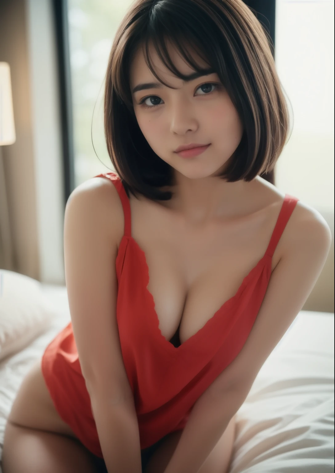 Beautiful  Japanese woman。 she is wearing a sleeveless blouse. She looks ecstatic as if she had an orgasm during fuck on the bed。her dark brown short hair. High resolution、masterpiece、highest quality、頭w:1.0、((Hasselblad Photos))、fine skin、(movie lighting)、clavicle . full body picture.