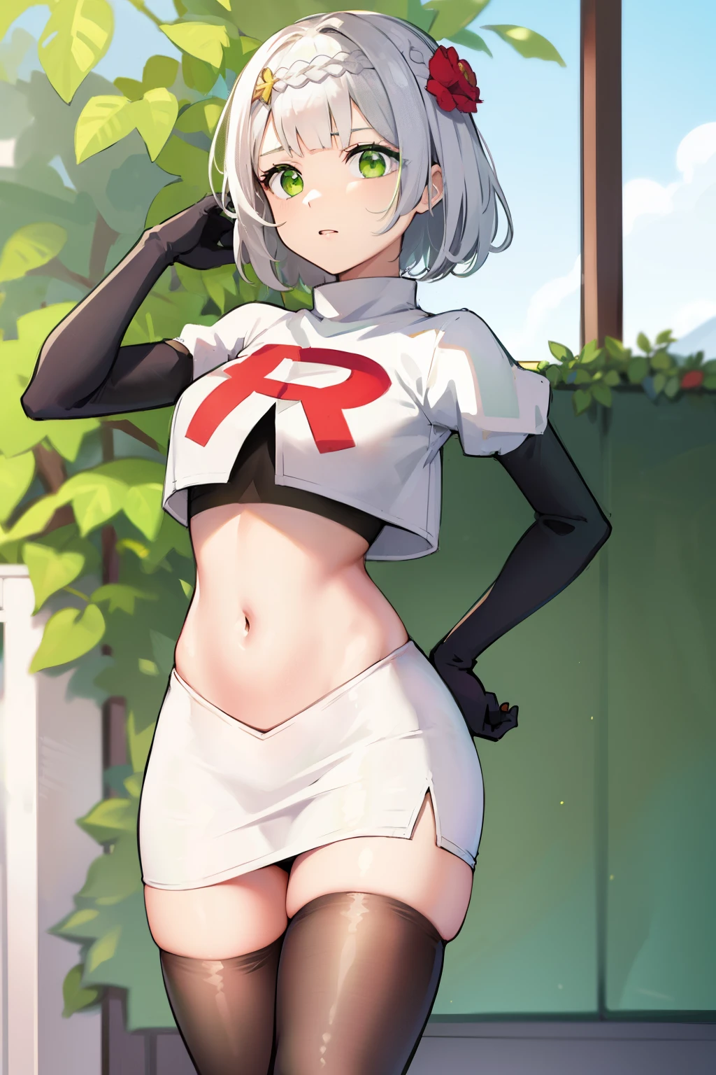 genshinnoelle, noelle, braid, flower, hair flower, hair ornament, short hair, silver hair, (green eyes:1.5),team rocket,team rocket uniform,white skirt,red letter R,crop top,black thigh-highs,black elbow gloves 