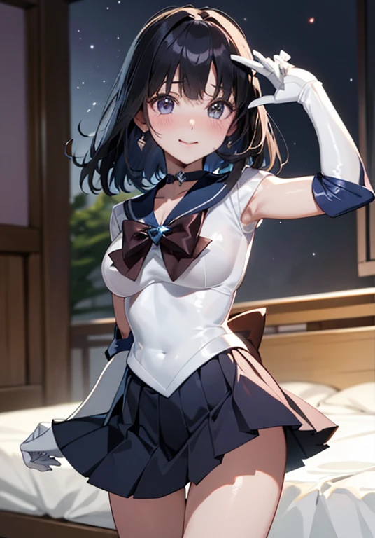 armpit, blue bow, (((black sailor suit))), (((black skirt))), blue theme, blush, boots, (((I can see the cleavage))), brooch, choker, covered navel, earrings, elbow gloves, gloves, jewelry, knee boots, looking at the viewer, Magical girl, , outdoor, sailor warrior uniform, starry sky background, tiara, white gloves, (((black lace panties))), (((cum overflow)))