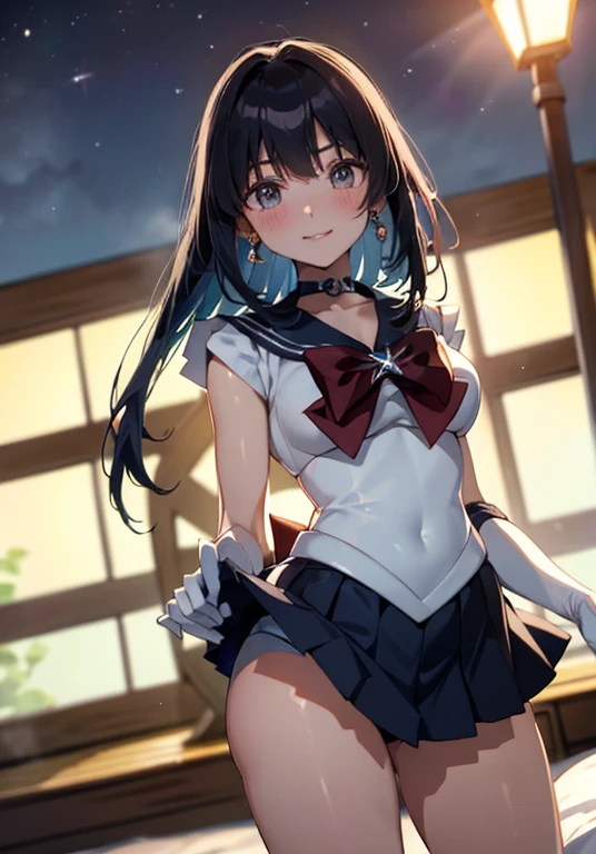 master piece,best quality,ultra detailed,8k, ambient light,realistic skin,glossy skin,cute, (sailor_saturn)、lie on bed、 (mini skirt, (skirt lift:1.3), (from bottom:1.3))、(the body is very wet:1.5)、Glossy lips、Slightly emphasize the lower lip、blush、smile、emphasizing the cleavage、 Fantastic night sky、Saturn、Aurora、horizon、Open-air bath、Japanese Inn Futon