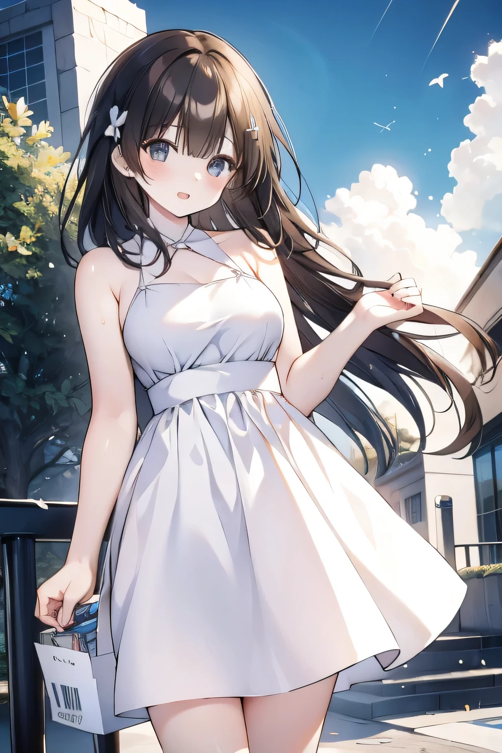 One girl, length_hair, One person in, Brown_hair, Open_mouth, wood, null, smile, Day, Wind, Brown_eye, cloud, white_dress, dress, building, green_null, Outdoor, Looking_in_Audience, floining_hair, blush, cloudy_null, bag, chest