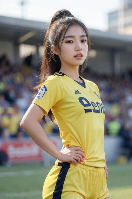 beautiful detail, best quality, 8k, highly detailed face and skin texture, high resolution, cute asian girl in yellow soccer uniform at stadium, sharp focus