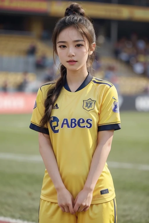 beautiful detail, best quality, 8k, highly detailed face and skin texture, high resolution, cute asian girl in yellow soccer uniform at stadium, sharp focus