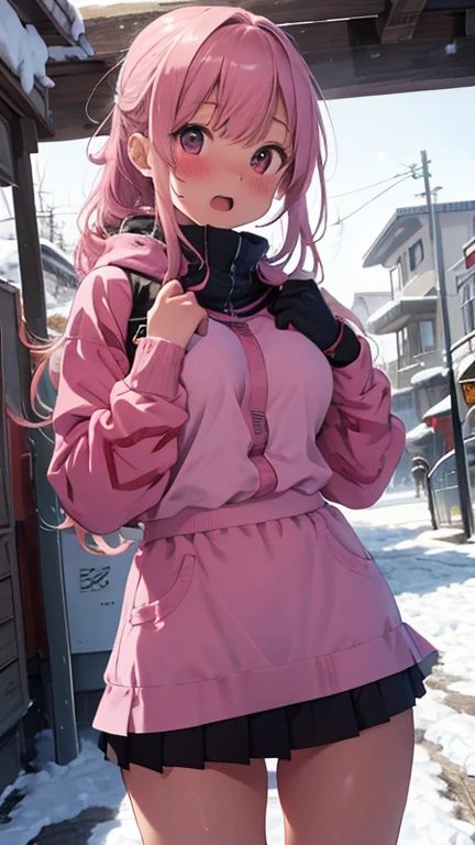 mastute piece,Best Quality,insanely detailed,8k cg,
shoot upper body,
1woman,18age,standing,body in front,looking at viewer,(pink snow-board-wear,mini-skirt),break,
blush,shy,(trembling:1.2),pink hair,break,open mouth,large breast,ski-resart,ski-slope,snow,