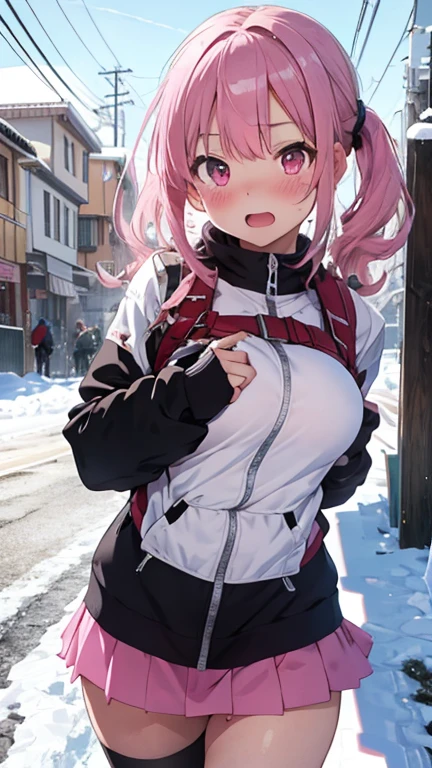 mastute piece,Best Quality,insanely detailed,8k cg,
shoot upper body,
1woman,18age,standing,body in front,looking at viewer,(pink snow-board-wear,mini-skirt),break,
blush,shy,(trembling:1.2),pink hair,break,open mouth,large breast,ski-resart,ski-slope,snow,