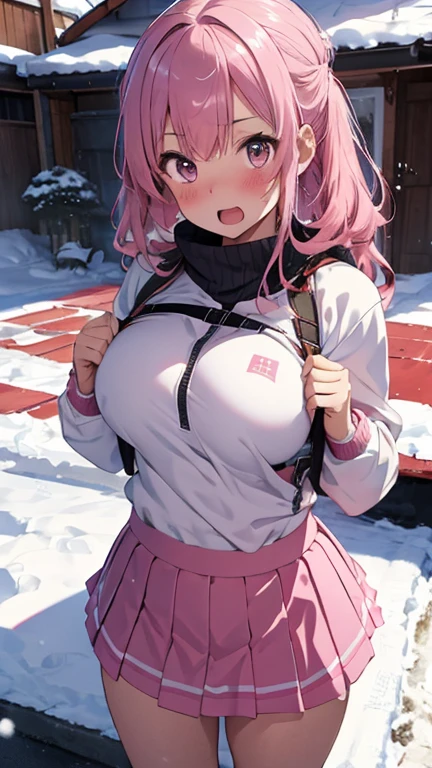 mastute piece,Best Quality,insanely detailed,8k cg,
shoot upper body,
1woman,18age,standing,body in front,looking at viewer,(pink snow-board-wear,mini-skirt),break,
blush,shy,(trembling:1.2),pink hair,break,open mouth,large breast,ski-resart,ski-slope,snow,