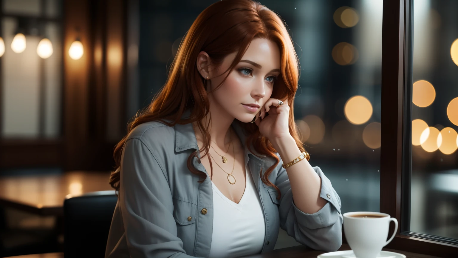 Realistic 50mm photos. portrait. Depth of Field. Bokeh background is dinner. Wet and out of focus windows,Outside the city lights a beautiful 33 year old woman,Long auburn hair is elegant,Looks sad,There is a cup of coffee and a plate of cakes on the table in front of her. She is wearing a gray jacket and a lavender shirt., an expensive necklace, and a gold ring
