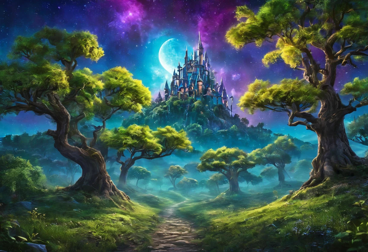 ((ciudad de duendes: 1.5)), (Obra maestra), (mejor calidad: 1.0), (ultra high resolution: 1.0), detailed illustration, paisaje detallado, vibrante colors, 8k, noche, nubes lunares, ((magical, hermoso , trees: 1.4 )), ((mejor calidad, vibrante, 32k de luz y sombras bien definidas)).