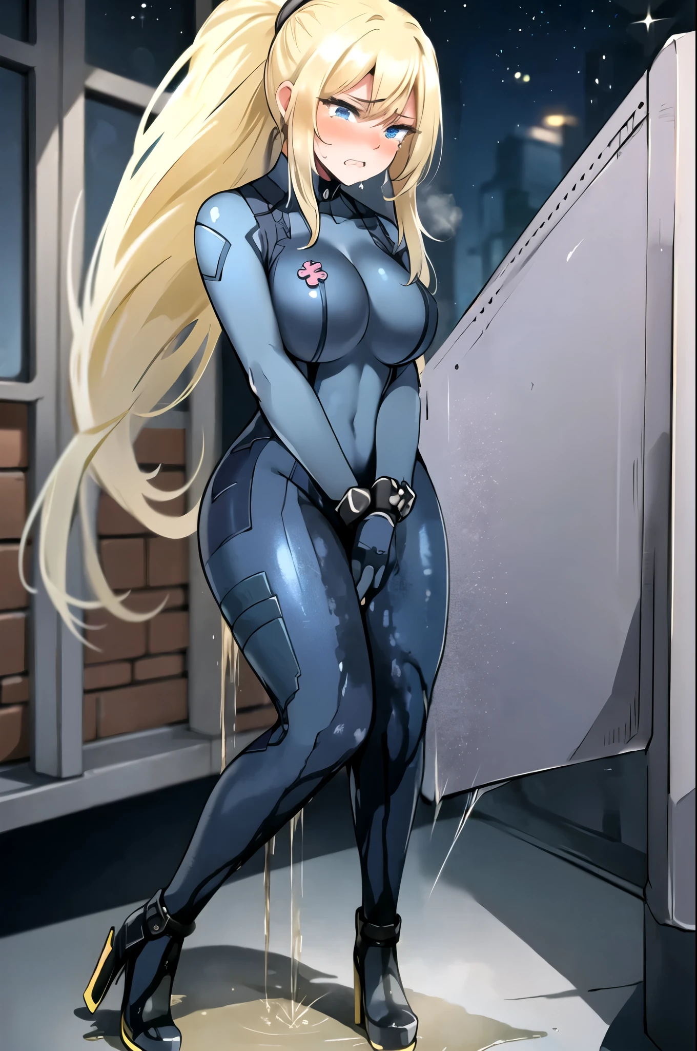 samus aran, (facing viewer:1.25), ponytail, large breasts, hair tie, blue gloves, blue bodysuit, (full bodysuit:1.5), high heels, (standing straight:2.0), peeing herself, (wetting herself:1.5), very large peeing stain, huge pee stain, best quality, ultra-detailed, HDR, studio lighting, professional, vivid colors, sharp focus, physiologically-based rendering, bokeh, landscape, blue color palette, soft lighting, dynamic shadows, (hands on thighs:1.5), embarrassed, humiliation, blushing, angry, tears