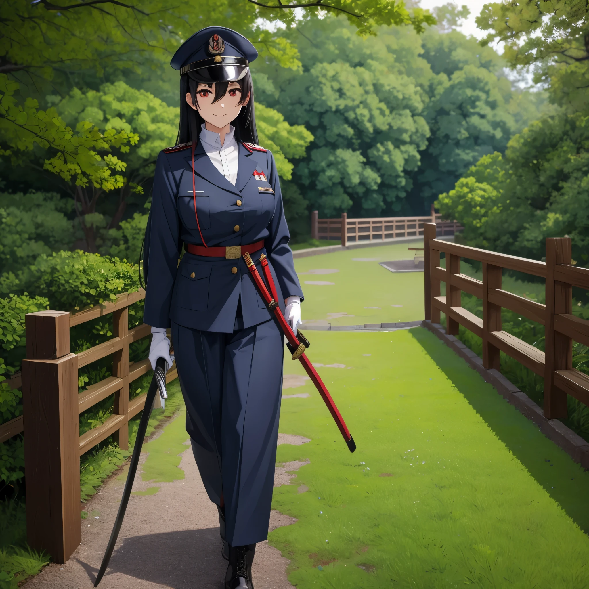 a woman wearing a Japanese military uniform from the Second World War, moss green Japanese military hat, moss green pants, military boots, holding a katana without a sheath, long black hair, red eyes, white gloves, smiling, full body, walking in a Japanese garden with military base in the background,HDR, ultra resolution, well defined, masterpiece, 8K HD. (solo woman)
