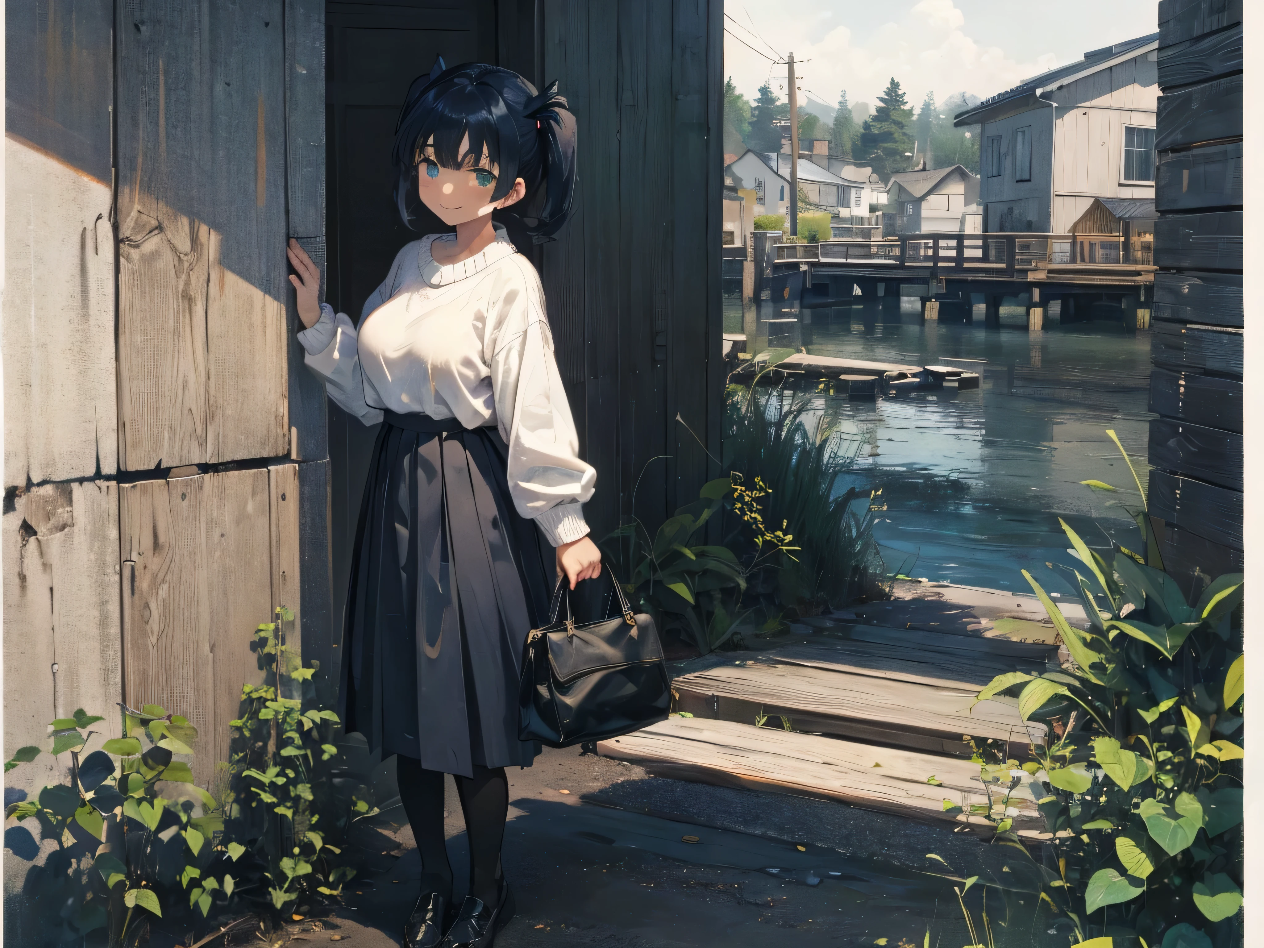 {best quality}, {very aesthetic}, {ultra-detailed}, {best illustration}, 1girl, darkblue hair,(twin tail),huge breasts,,tights,,dark green eyes,short hair,tareme,big eyes,smile,looking back,Pull out,dock,White sweater,hmm,Pa hmm st,Pahmmpus,Meeting,Leaning against a wall,Black Skirt,huge breasts,full body,hanging a bag from her shoulder,