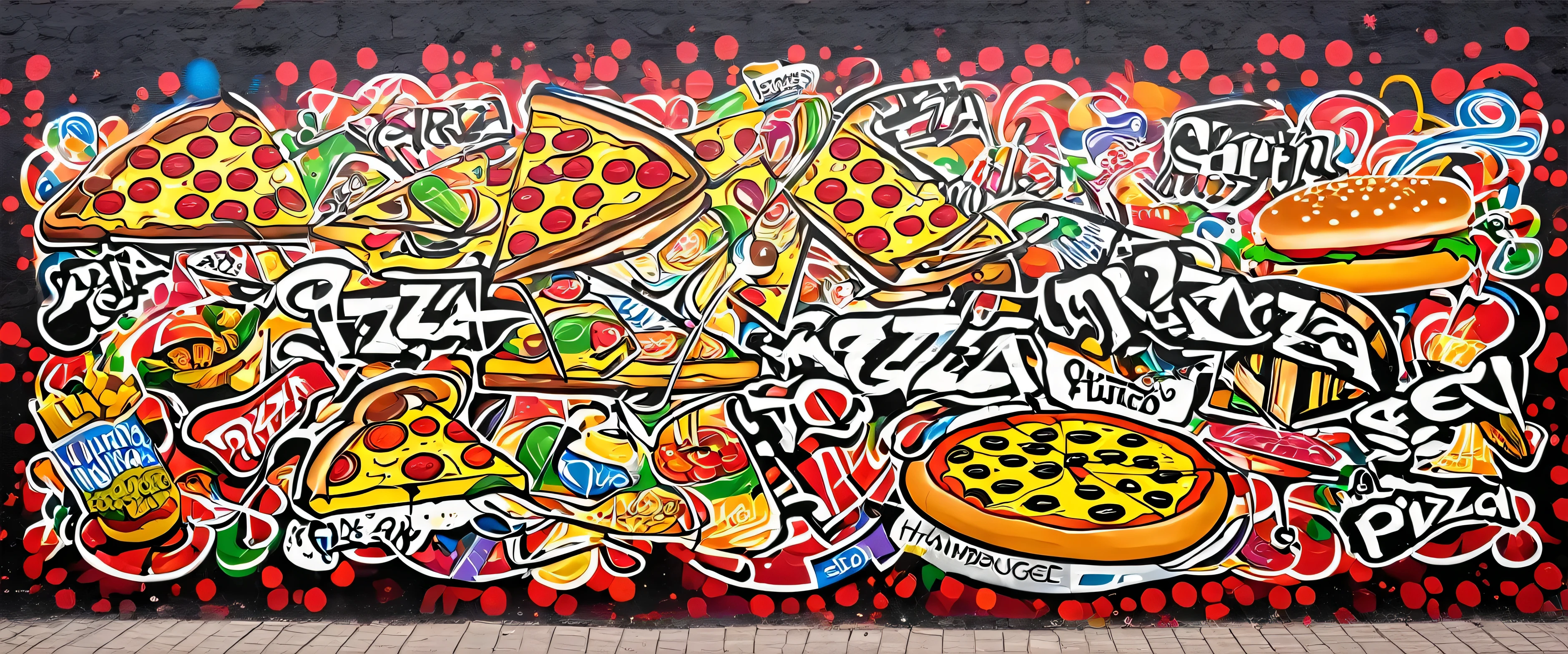palabra sazonarte, mural rectangular, grafitti, pizza, hamburguesa