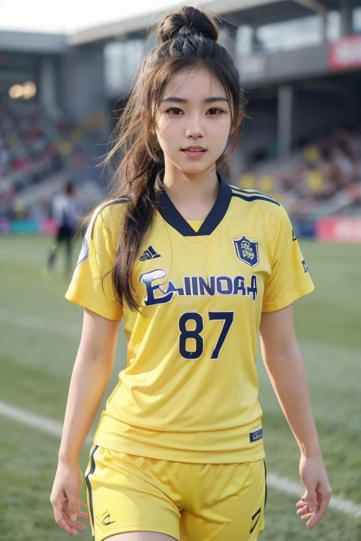 beautiful detail, best quality, 8k, highly detailed face and skin texture, high resolution, cute asian girl in yellow soccer uniform at stadium, sharp focus