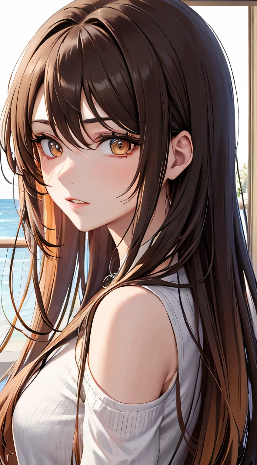 colorful,highest detailed, woman with long brown messy beautiful hair serious eyes, golden eyes, beautiful, majestic, wearing casual clothes, evil, to Ed muscle