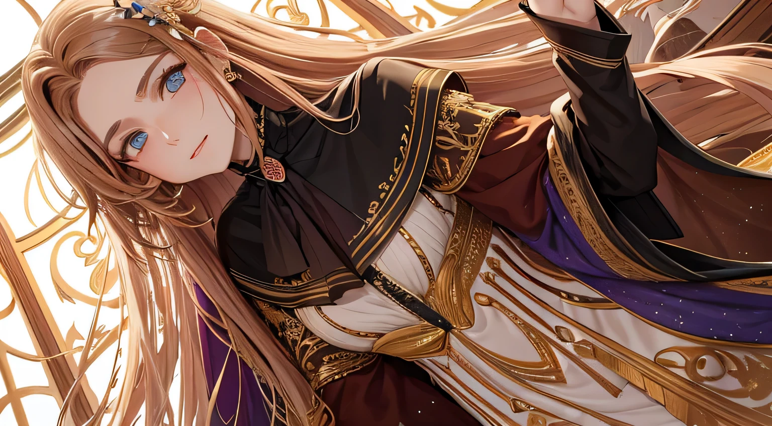 colorful,highest detailed, woman with long brown messy beautiful hair serious eyes, golden eyes, beautiful, majestic, wearing formal clothes, evil, to Ed muscle
