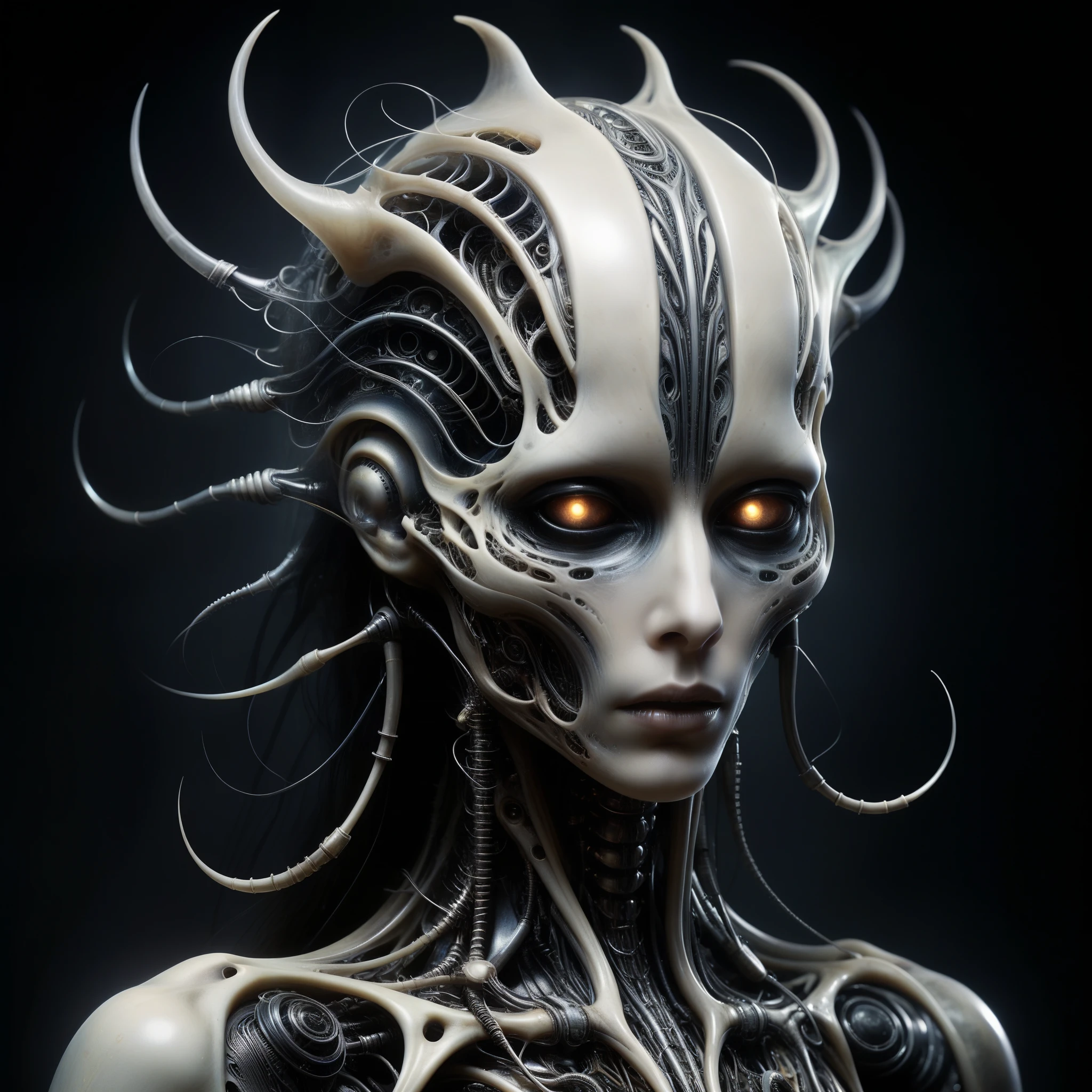 Delve into a chilling symphony where AI-composed music emanates from twisted, biomechanical structures, evoking H.R. Giger's unsettling aesthetic. 
