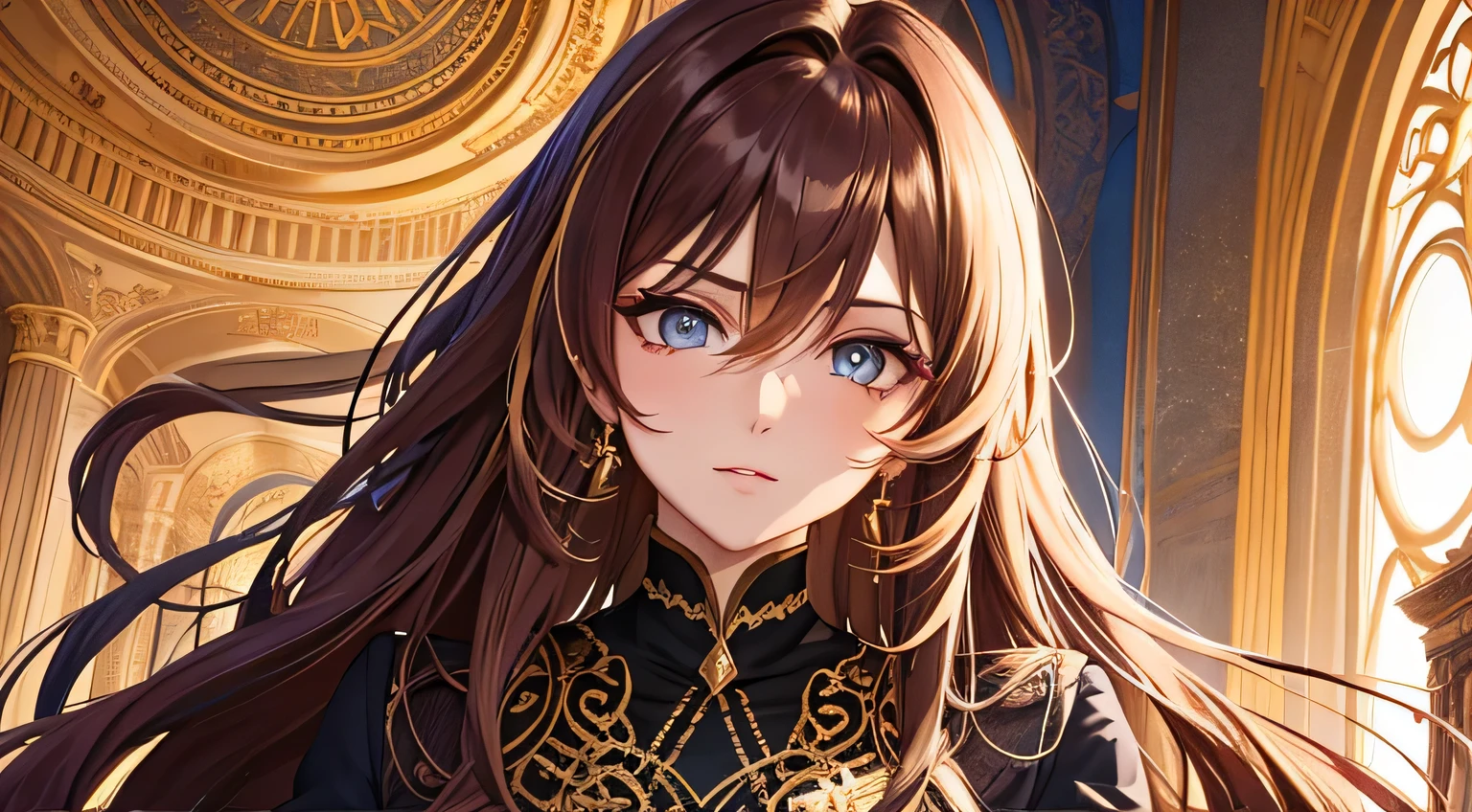 colorful,highest detailed, woman with long brown messy beautiful hair serious eyes, golden eyes, beautiful, majestic, wearing formal clothes, evil, to Ed muscle
