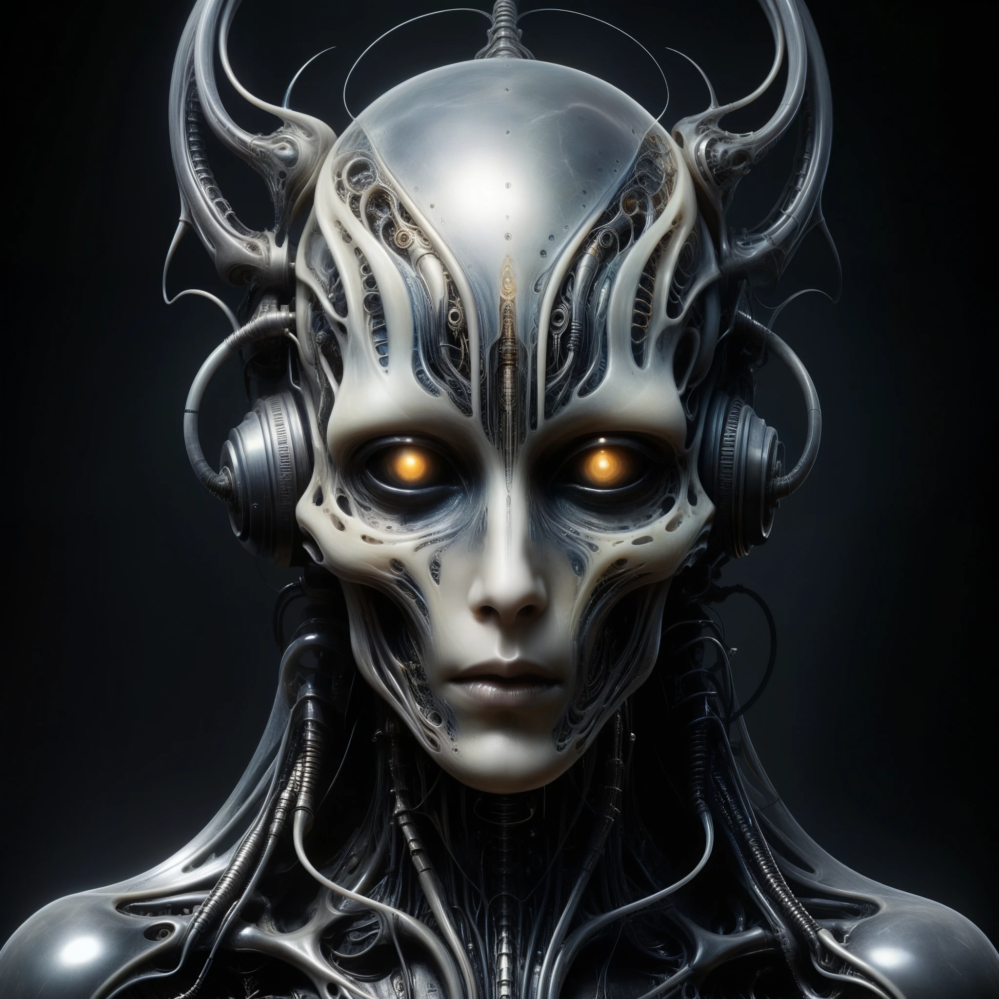 Delve into a chilling symphony where AI-composed music emanates from twisted, biomechanical structures, evoking H.R. Giger's unsettling aesthetic. 