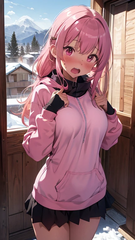 mastute piece,Best Quality,insanely detailed,8k cg,
shoot upper body,
1woman,18age,standing,body in front,looking at viewer,(pink ski-wear),break,
blush,shy,(trembling:1.2),pink hair,break,open mouth,large breast,ski-resart,ski-slope,snow,