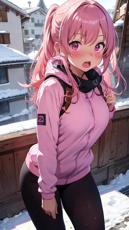 mastute piece,Best Quality,insanely detailed,8k cg,
shoot upper body,
1woman,18age,standing,body in front,looking at viewer,(pink ski-wear),break,
blush,shy,(trembling:1.2),pink hair,break,open mouth,large breast,ski-resart,ski-slope,snow,