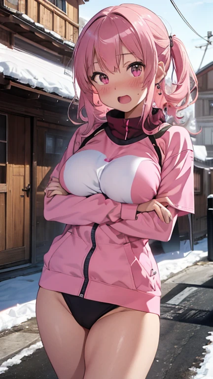 mastute piece,Best Quality,insanely detailed,8k cg,
shoot upper body,
1woman,18age,standing,body in front,looking at viewer,(pink ski-wear),break,
blush,shy,(trembling:1.2),pink hair,break,open mouth,large breast,ski-resart,ski-slope,snow,