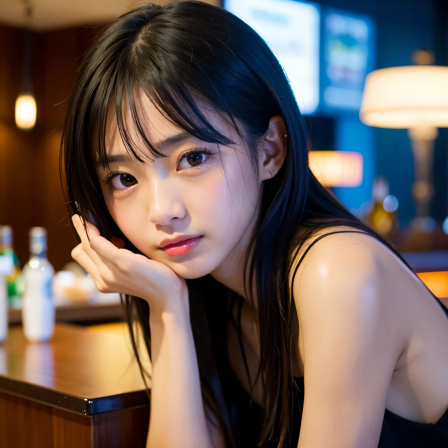 Best-quality, Masterpiece, Ultra-High-Resolution, (Photorealistic:1.4), Raw-Photo, 1girl, -yeld, thost famous Japanese idol, in hotel bar, completely-drunk, wasted, (extremely drunked face like the most popular Japanese idol, ((extremely drunked big-black-eyes)), extremely beautiful black-short-cut-haired), extremely beautiful skins, extremely beautiful lips, looking at viewer, detailed hotel-bar