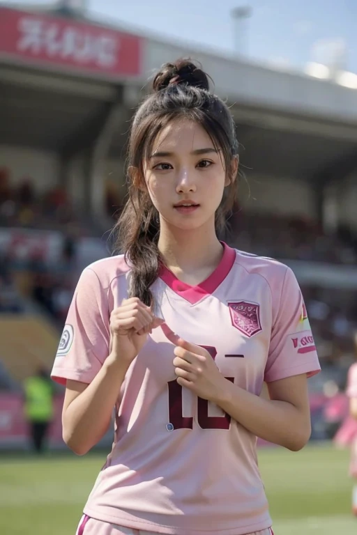 beautiful detail, best quality, 8k, highly detailed face and skin texture, high resolution, cute asian girl in pink soccer uniform at stadium, sharp focus