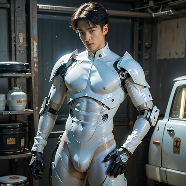 (masutepiece,High resolution,ultra - detailed:1.0),1(Boy,Robot Boy),Perfect male body,Look at the camera,Delicate eyes and delicate face,extremely details CG,Unity 8k wallpaper,intricate-detail,solo person,Detailed face, (Futuristic skin-perfect white bodysuit), Best Quality, hands visible, (White Gloves), Beautiful and delicate blue short hair:1.5 , full length shot(fls) , big thighs , big hips , insane details, hyper details , photorealistic , only male , handsome boy , fat buttock , puffy nipples , 16k resolution , ultra-high clarity , hyperrealism, uhd,. K-pop idol ,   whore , slutty whore , swollen nipples , defeat , grins ,thick thighs, thick booty. Fat buttocks , male ， wide hips , wide pelvis
