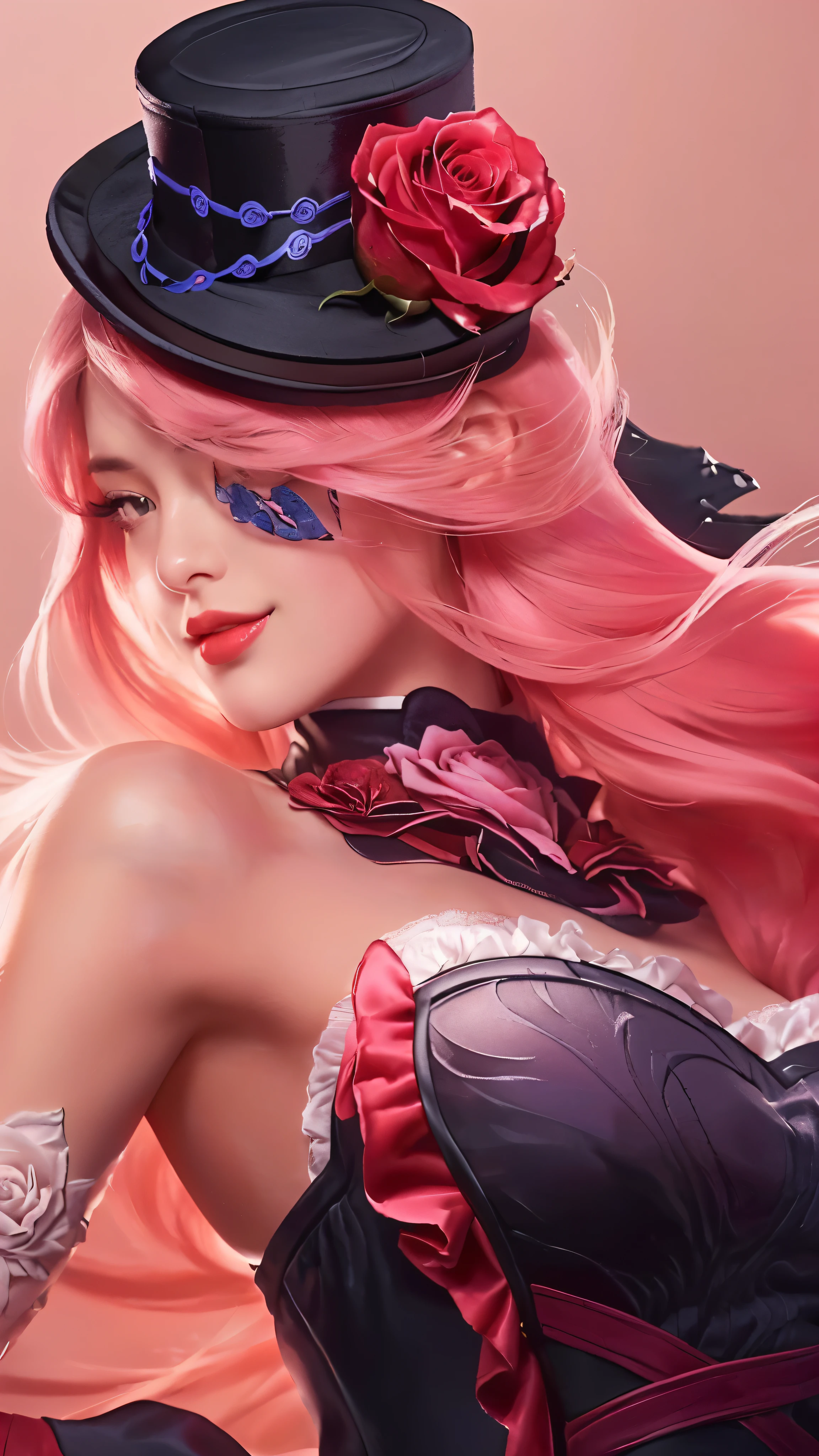 (a close-up of a woman with a top hat and a rose), (extremely detailed, photorealistic), (artgerm:1.2), (artgerm detailed), (miss fortune league of legends), (miss fortune), (artgerm style), (high detail),pink hair,beautiful