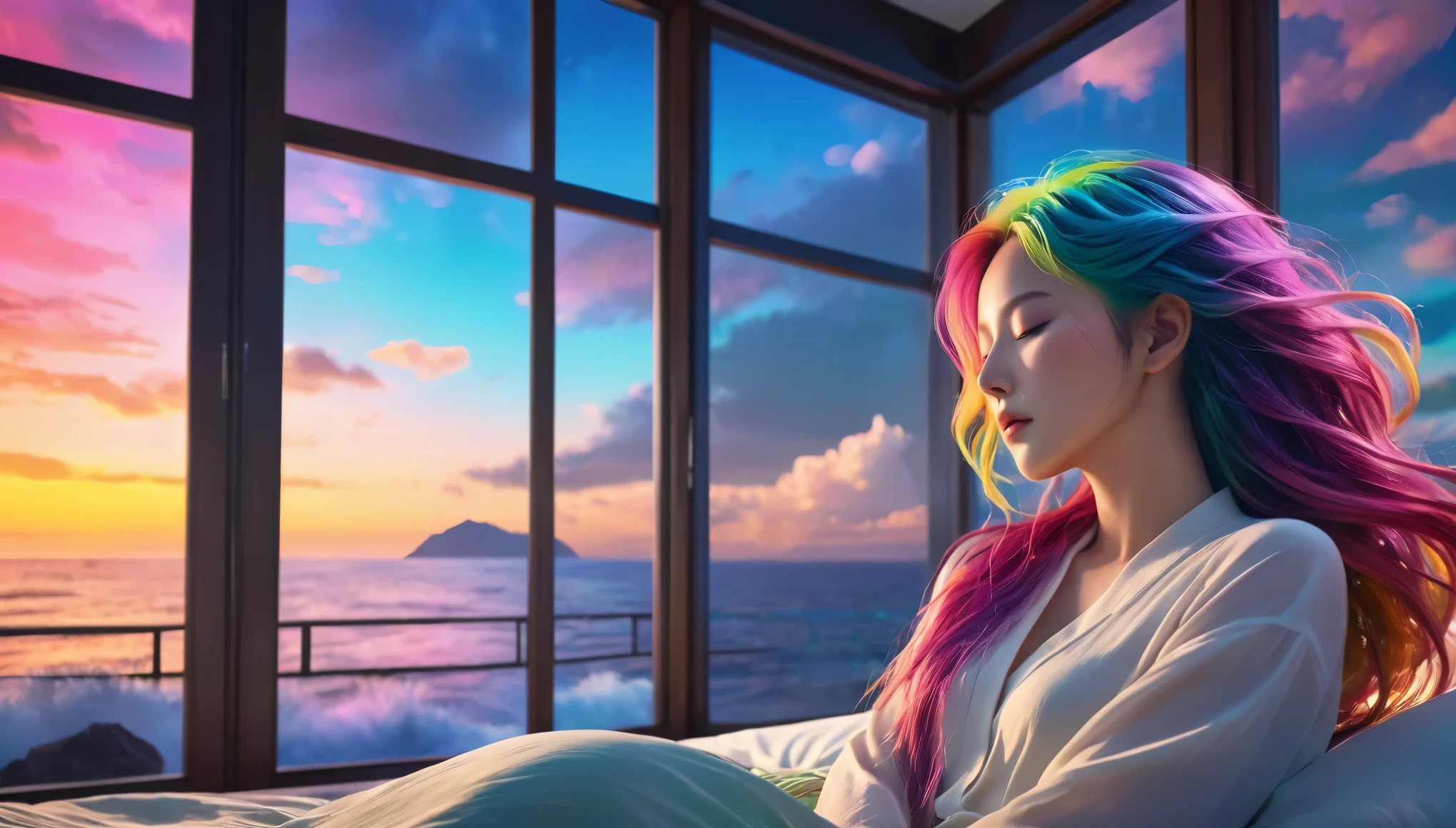 {{masterpiece}}, best quality, Extremely detailed CG unified 8k wallpaper, Movie Lighting,Minimalist style，Ocean view room， A woman sleeping in bed，Sleep with eyes closed，Large windows with sea view， A quiet night. , Multi-colored hair, (Colorful hair:1.5),