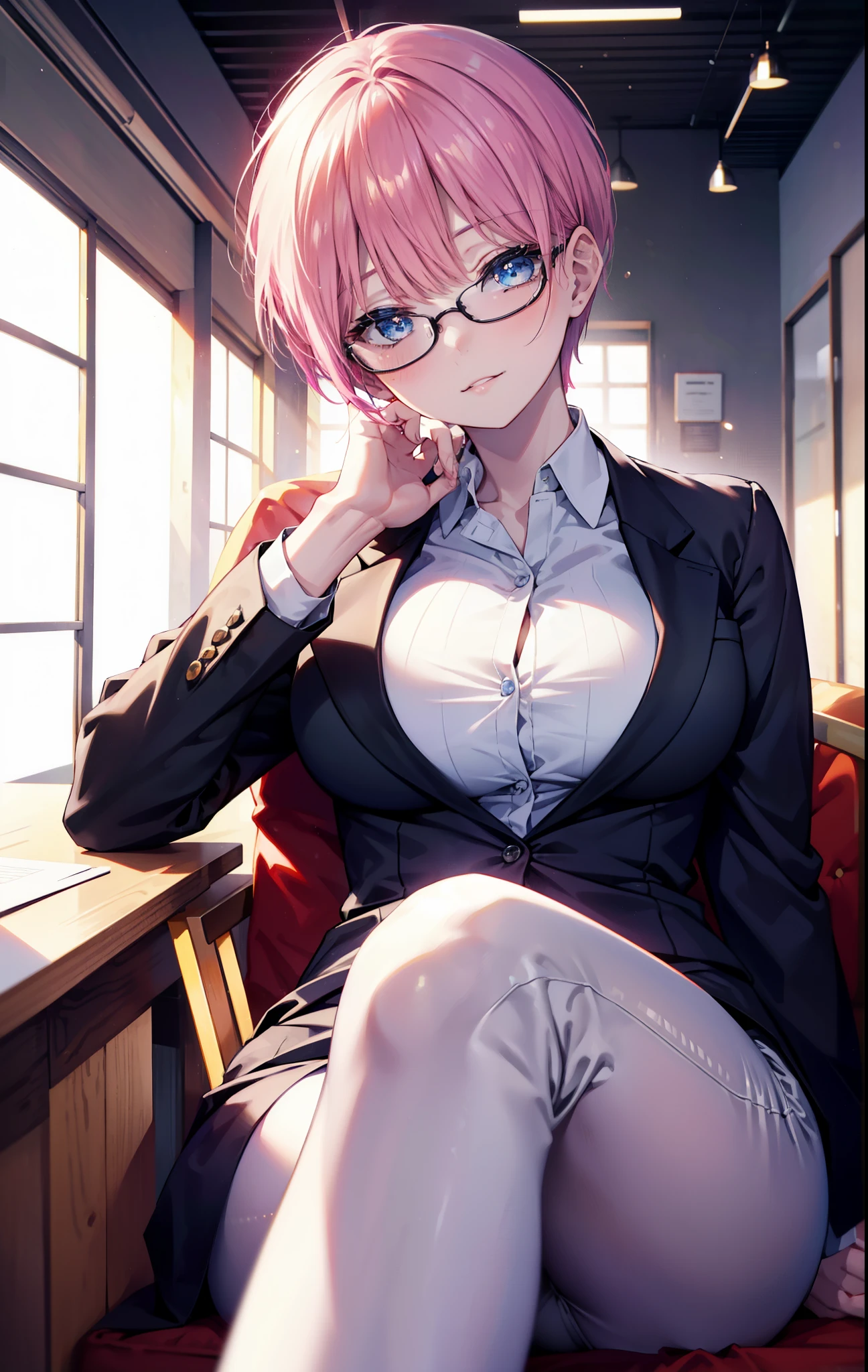 ichikanakano, ichika nakano, short hair, bangs, blue eyes, Hair between the eyes, smile,Pink Hair, Big Breasts , OL, happy smile, smile, Open your mouth,Akagi glasses, end, open front black suit jacket, White dress shirt, Collared shirt, Neckline, button,Black pencil skirt, Black Pantyhose, Stiletto heels,Daytime,Clear skies,sitting cross-legged on a chair,There is a computer on the table,
壊す looking at viewer, whole body, (Cowboy Shot:1. 5)
Destroy outdoors,Destroy the office (masterpiece:1.2), highest quality, High resolution, unity 8k wallpaper, (shape:0.8), (Beautiful and beautiful eyes:1.6), Highly detailed face, Perfect lighting, Highly detailed CG, (Perfect hands, Perfect Anatomy),