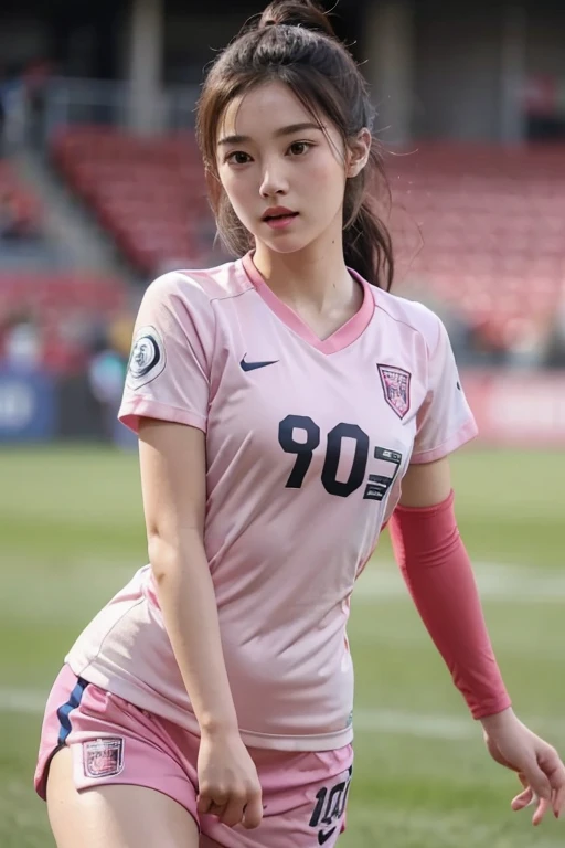 beautiful detail, best quality, 8k, highly detailed face and skin texture, high resolution, cute asian girl in pink soccer uniform at stadium, sharp focus