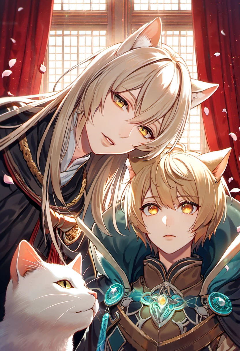 absurdres, highres, ultra detailed, HDR, master piece, best quality, perfect face, delicate features, beautiful eyes, Konoe, ash-blond hair, cat ears, expressive yellow eyes, Lamento beyond the void, black cape, red curtains, petals, window